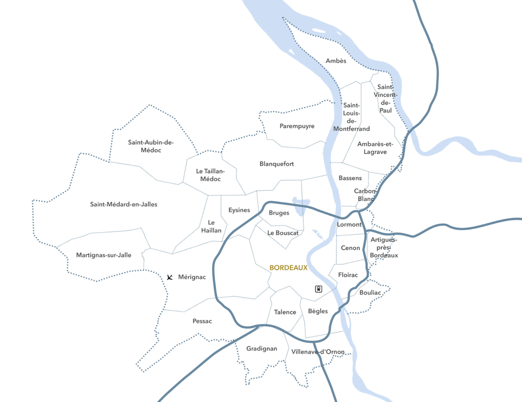 Immobilier autour de Bordeaux. Ces "villes refuges" pour acheter grand sans se ruiner ! 1 Carte des communes du bassin bordelais