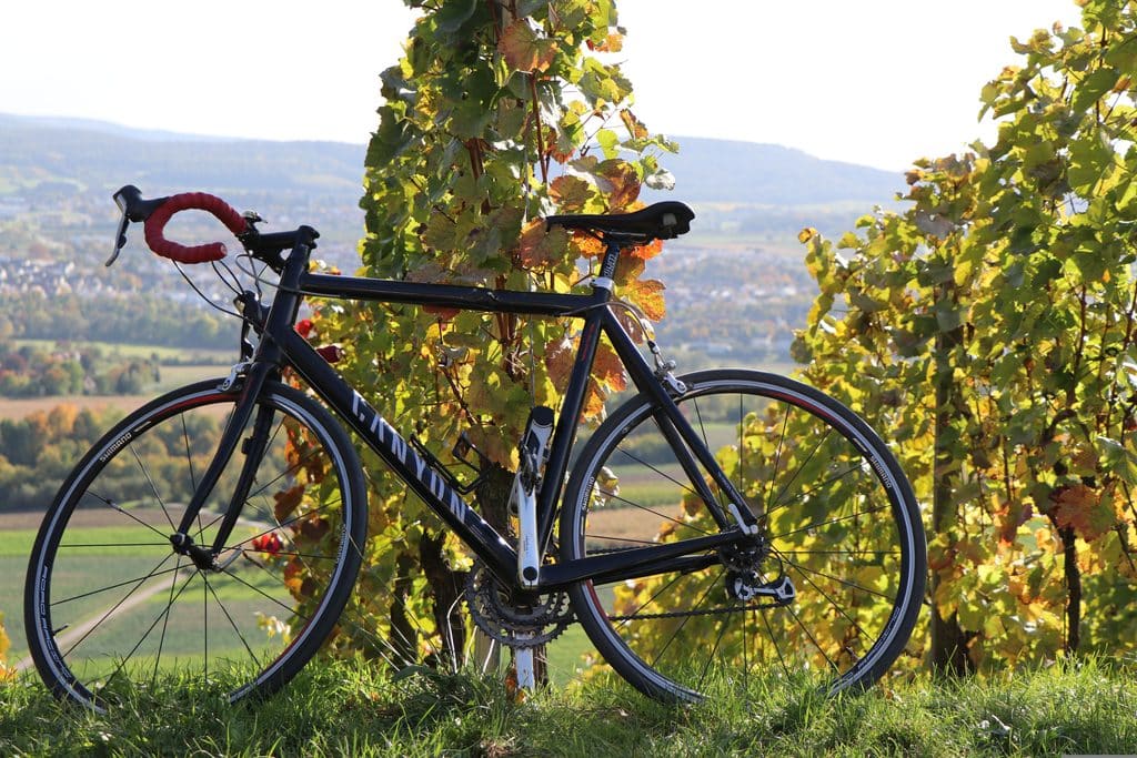 Balades en Gironde. Cet itinéraire vélo de rêve serpente à travers le pays de Saint-Émilion ! 1 Photo d'un vélo garé près d'un vignoble français